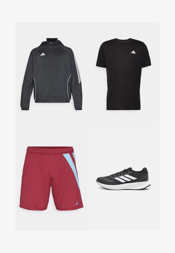 Must värvi sportlik jakk kapuutsiga, millel on valged triibud varrukatel ja lukuga esiosa. Valmistatud siledast, kergest kangast.; Must must ka t-särk lühikeste varrukatega, ümmarguse kaelusega ja valge logoga vasakul rinnal. Sile tekstuur ja lihtne disain.; Burgundi värvi spordilühikesed püksid helesiniste külgribadega, elastse vöökoha ja siledaga tekstuuriga, mõeldud mugavuseks ja liikumise paindlikkuseks.; Mustmust valmistatud õhulise võrgu ülemise osa, valgete aktsentidega ja pehme tallaga must sportlik king. Küljel on kolm triipu kujutav logo.