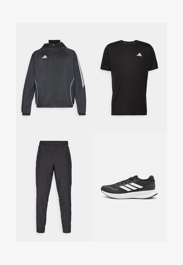 Melnā sporta jaka ar kapuci, ar baltām svītrām pa piedurknēm un ar rāvējslēdzēju priekšpusē. Izgatavota no gludas, vieglas auduma.; Melna kokvilnas t-krekls ar īsām piedurknēm, apaļu dekoltē un balto logo uz kreisā krūts. Gluda tekstūra un vienkāršs dizains.; Melnas sporta bikses ar elastīgu jostu, sašaurinātām kājām un baltām sānu akcentiem. Izgatavotas no sintētiska materiāla ar gludu tekstūru.; Melnas sporta kurpes ar elpojošu acs augšu, baltām akcentiem un mīkstu zoli. Sānā ir trīs svītru logo.