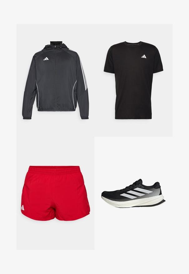 Schwarze Sportjacke mit Kapuze, ausgestattet mit weißen Streifen an den Ärmeln und einem Reißverschluss vorne. Hergestellt aus einem glatten, leichten Stoff.; Schwarzes Baumwoll-T-Shirt mit kurzen Ärmeln, Rundhalsausschnitt und einem weißen Logo auf der linken Brust. Glatte Textur und einfaches Design.; Rote Sportshorts aus leichtem Material mit elastischem Bund. Mit Seitentaschen und einem weißen Logo-Akzent am Saum.; Schwarzer Sportschuh mit einem Mesh-Design, ausgestattet mit weißen Streifen, einer runden Zehenpartie und einer strukturierten Sohle für Grip und Unterstützung.