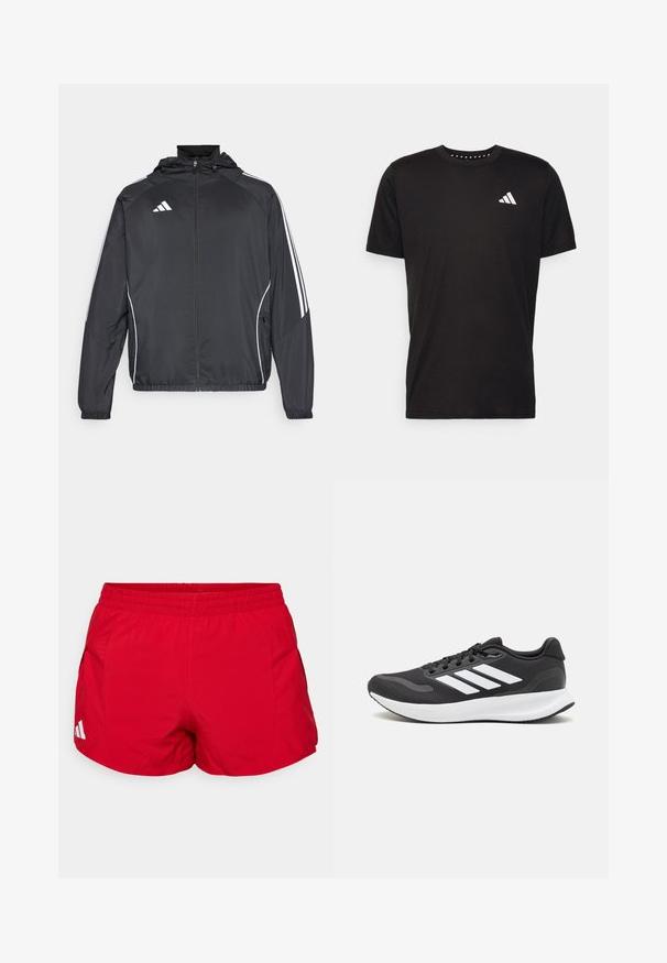 Jachetă sport neagră cu glugă, decorată cu dungi albe pe mâneci și cu fermoar în față. Fabricată dintr-un material neted și ușor.; Tricou negru din bumbac, cu mâneci scurte, de tip crew neckline, cu un logo alb pe pieptul stâng. Textură netedă și design simplu.; Șorturi atletice roșii, realizate dintr-o țesătură ușoară, cu un talie elastică. Include buzunare laterale și un accent alb cu logo aproape de margine.; Pantof cu aspect sport de culoare neagră, cu un upper din plasă respirabilă, accente albe și o talpă amortizată. Include logo-ul cu trei dungi pe lateral.