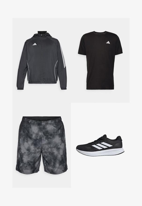 Schwarze Sportjacke mit Kapuze, ausgestattet mit weißen Streifen an den Ärmeln und einem Reißverschluss vorne. Hergestellt aus einem glatten, leichten Stoff.; Schwarzes Baumwoll-T-Shirt mit kurzen Ärmeln, Rundhalsausschnitt und einem weißen Logo auf der linken Brust. Glatte Textur und einfaches Design.; Graue und schwarze Sportshorts mit einem wolkenartigen Muster, elastischem Bund und Seitentaschen. Der Stoff wirkt leicht und atmungsaktiv.; Schwarzer Sportschuh mit weißen Streifen, Obermaterial aus Mesh, gepolsterter Sohle und strukturierten Akzenten. Verfügt über ein Schnürdesign und ein Markenlogo auf der Zunge.