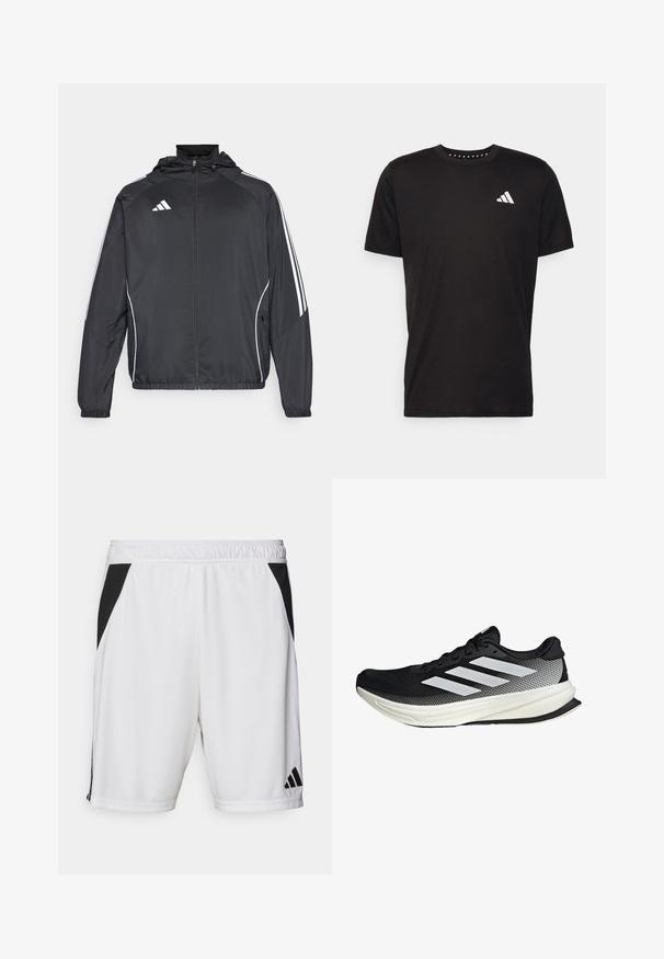Black athletic jacket with a hood, featuring white stripes along the sleeves and a zippered front. Made from a smooth, lightweight fabric.; Black cotton t-shirt with short sleeves, crew neckline, and a white logo on the left chest. Smooth texture and simple design.; White athletic shorts with a black side panel, elastic waistband, and Adidas logo on the lower right leg. Made from lightweight fabric.; Black athletic shoe with a mesh design, featuring white stripes, a rounded toe, and a textured sole for grip and support.