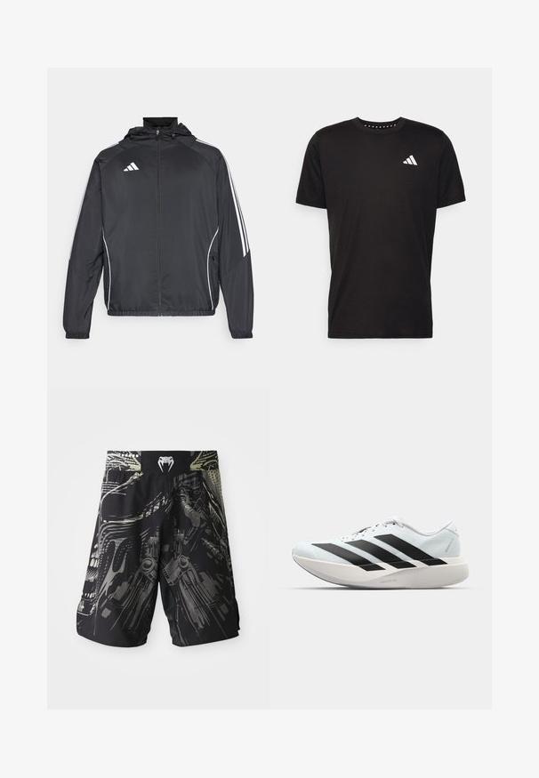 Must värvi sportlik jakk kapuutsiga, millel on valged triibud varrukatel ja lukuga esiosa. Valmistatud siledast, kergest kangast.; Must must ka t-särk lühikeste varrukatega, ümmarguse kaelusega ja valge logoga vasakul rinnal. Sile tekstuur ja lihtne disain.; Mustad lühikesed püksid mitme tooni graafilise trükiga, mis sisaldab mehaanilisi kujundeid. Elastsest materjalist vöökoht logo tagaküljel. Kergest kangast.; Kerged jooksujalatsid helesinises värvuses mustade triipudega. Omavad siledat pealispinda, ümarat varvase osa ja paksu valget vahemõõtu, millel on silt "LIGHTSTRIKE PRO".