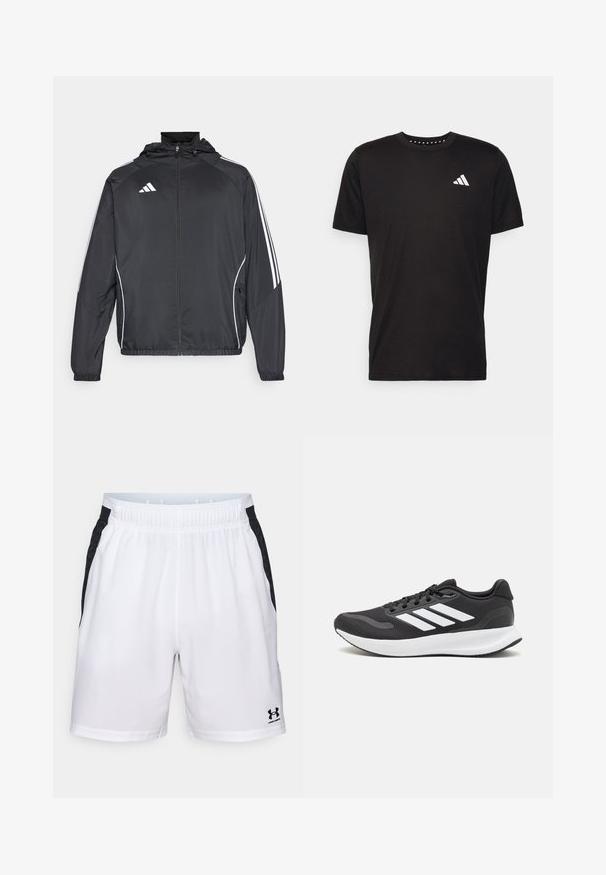 Musta urheilu takki hupulla, jossa on valkoiset raidat hihoissa ja vetoketjuzulu etupuolella. Valmistettu sileästä, kevyestä kankaasta.; Musta puuvillapaita lyhyillä hihoilla, pyöreä pääntie ja valkoinen logo vasemmassa rinnassa. Sujuva rakenne ja yksinkertainen muotoilu.; Valkoiset urheilushortsit mustilla sivuaksentteilla, joustava vyötärö ja Under Armour -logo alhaalla oikeassa jalassa. Sujuva pinta ja kevyet materiaalit.; Mustat urheilukengät hengittävällä verkkosella yläosalla, valkoisilla yksityiskohdilla ja pehmustetulla pohjalla. Sivussa on kolme raitaa -logo.