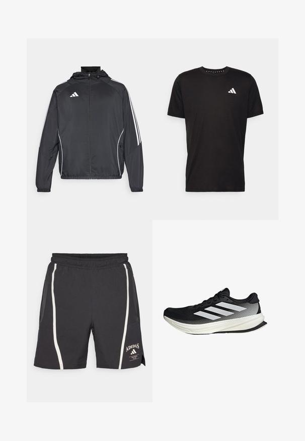 Crna atletska jakna s kapuljačom, s bijelim prugama duž rukava i zatvaranjem na zip. Izrađena od glatkog, laganog materijala.; Crna pamučna majica s kratkim rukavima, okruglim izrezom i bijelim logotipom na lijevoj strani prsnog koša. Glatka tekstura i jednostavan dizajn.; Crne atletske kratke hlače s elastičnom gumom u struku, s bijelim bočnim trakama i Adidas logotipom na donjem desnom dijelu noge.; Crna atletska cipela s mrežastim dizajnom, koja ima bijele pruge, zaobljeni vrh i teksturiranu potplate za prianjanje i potporu.