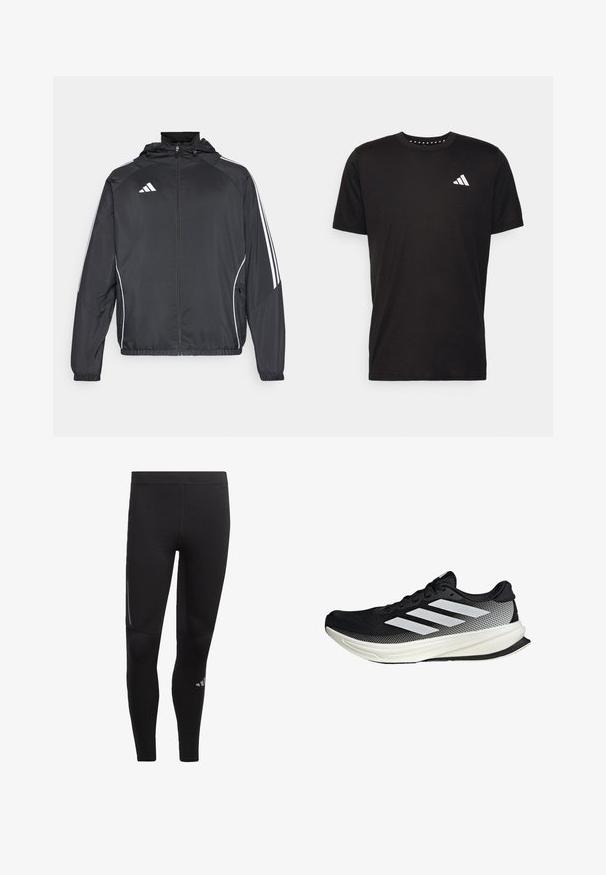 Giacca atletica nera con cappuccio, caratterizzata da strisce bianche lungo le maniche e chiusura con zip frontale. Realizzata in un tessuto liscio e leggero.; T-shirt in cotone nero con maniche corte, scollo rotondo e logo bianco sul lato sinistro del petto. Texture liscia e design semplice.; Leggings sportivi neri realizzati in materiale elastico, con vita alta, dettagli riflettenti e un logo vicino alla caviglia. Texture liscia.; Scarpa sportiva nera con design in rete, caratterizzata da strisce bianche, punta arrotondata e suola testurizzata per aderenza e supporto.