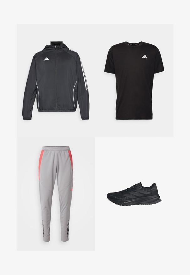 Crna atletska jakna s kapuljačom, s bijelim prugama duž rukava i zatvaranjem na zip. Izrađena od glatkog, laganog materijala.; Crna pamučna majica s kratkim rukavima, okruglim izrezom i bijelim logotipom na lijevoj strani prsnog koša. Glatka tekstura i jednostavan dizajn.; Sive hlače za sport s ružičastim bočnim akcentima, uskog kroja, elastičnom strukom i crnim vertikalnim prugama blizu gležnjeva. Izrađene su od glatkog, rastezljivog materijala.; Crne Adidas trkaće tenisice s Gore-Tex gornjim dijelom, tri pruge sa strane i "Dreamstrike" na potplatu, prikazane s vanjske strane.