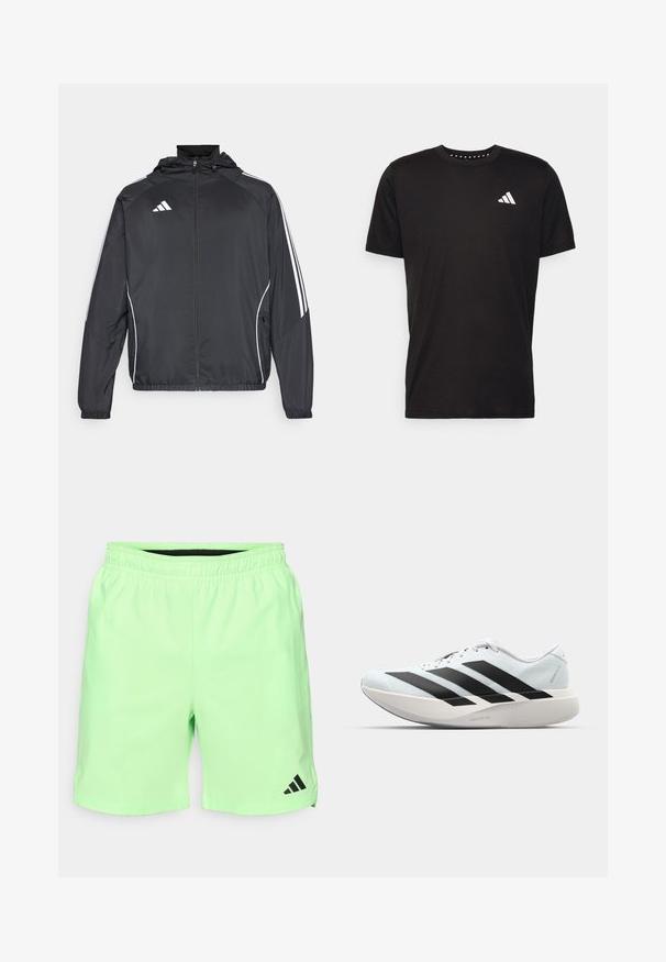 Μαύρο αθλητικό μπουφάν με κουκούλα, με λευκές ρίγες κατά μήκος των μανικιών και κλείσιμο με φερμουάρ μπροστά. Κατασκευασμένο από μαλακό, ελαφρύ ύφασμα.; Μαύρο βαμβακερό μπλουζάκι με κοντά μανίκια, στρογγυλή λαιμόκοψη και λευκό λογότυπο στην αριστερή πλευρά του στήθους. Λείο υλικό και απλός σχεδιασμός.; Ανοιχτοπράσινα αθλητικά σορτς με ελαστική μέση, πλαϊνές τσέπες και μαύρο λογότυπο Adidas στην κάτω αριστερή πλευρά. Λείο, ελαφρύ υλικό.; Ελαφριά αθλητικά παπούτσια τρεξίματος σε ανοιχτό μπλε με μαύρες ρίγες. Διαθέτουν λείο άνω μέρος, στρογγυλή μύτη και παχύ λευκό ενδιάμεσο πέλμα που φέρει την ετικέτα "LIGHTSTRIKE PRO."