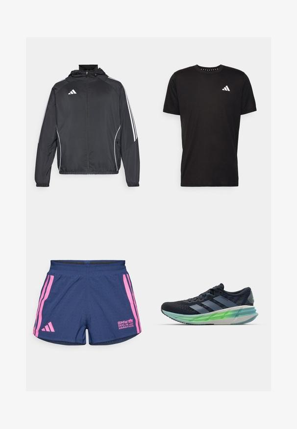 Čierna športová bunda s kapucňou, ktorá má biele pruhy pozdĺž rukávov a zips v prednej časti. Vyrobená z hladkej, ľahkej tkaniny.; Čierne bavlnené tričko s krátkymi rukávmi, klasickým výstrihom a bielym logom na ľavej strane hrude. Hladká textúra a jednoduchý dizajn.; adidas Performance BER25 SPLIT SHORT - Športové šortky - collegiate navy; Čierna a modrá atletická obuv s priedušným zvrškom, tromi bielymi pruhmi, zelenou priehľadnou podrážkou a výraznou textúrovanou štruktúrou. Ľahký dizajn.