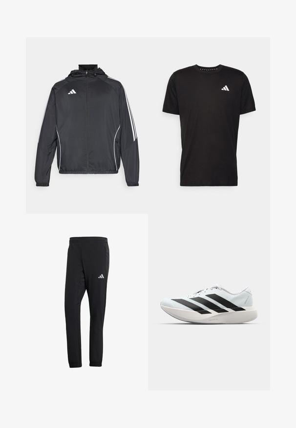 Jachetă sport neagră cu glugă, decorată cu dungi albe pe mâneci și cu fermoar în față. Fabricată dintr-un material neted și ușor.; Tricou negru din bumbac, cu mâneci scurte, de tip crew neckline, cu un logo alb pe pieptul stâng. Textură netedă și design simplu.; Pantaloni sport din material negru, cu o croială ajustată, confecționați dintr-un material neted. Au buzunare laterale și un logo reflectorizant pe coapsa stângă, în partea de sus.; Pantofi de alergare ușori în albastru deschis cu dungi negre. Au un superior neted, vârf rotund și o intermediară groasă albă etichetată "LIGHTSTRIKE PRO."