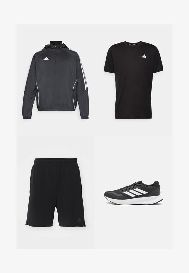 Črna športna jakna s kapuco, z belimi črtami ob rokavih in z zadrgo spredaj. Narejena iz gladkega, lahkega materiala.; Črna bombažna majica s kratkimi rokavi, okroglim izrezom in belim logotipom na levem prsnem predelu. Gladka tekstura in preprost dizajn.; Črne atletske kratke hlače iz lahkega materiala z elastičnim pasom. Vključujejo stranske razpoke in subtilen logotip na levi nogi.; Črne športne čevlje z zračnim mrežastim zgornjim delom, belimi akcenti in oblazinjeno podplatom. Imajo tri črte logo na strani.