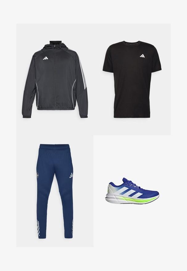 Schwarze Sportjacke mit Kapuze, ausgestattet mit weißen Streifen an den Ärmeln und einem Reißverschluss vorne. Hergestellt aus einem glatten, leichten Stoff.; Schwarzes Baumwoll-T-Shirt mit kurzen Ärmeln, Rundhalsausschnitt und einem weißen Logo auf der linken Brust. Glatte Textur und einfaches Design.; Marinefarbene Sporthosen mit elastischem Bund, tailliertem Bein-Design, silbernem Logo auf dem Oberschenkel und auffälligen drei Streifen am unteren Bein.; Blauer Sportschuh mit weißen Akzenten, Mesh-Obermaterial und gepolsterter Sohle, die durch einen neongrünen Streifen hervorgehoben wird. Verfügt über ein geschwungenes Design.