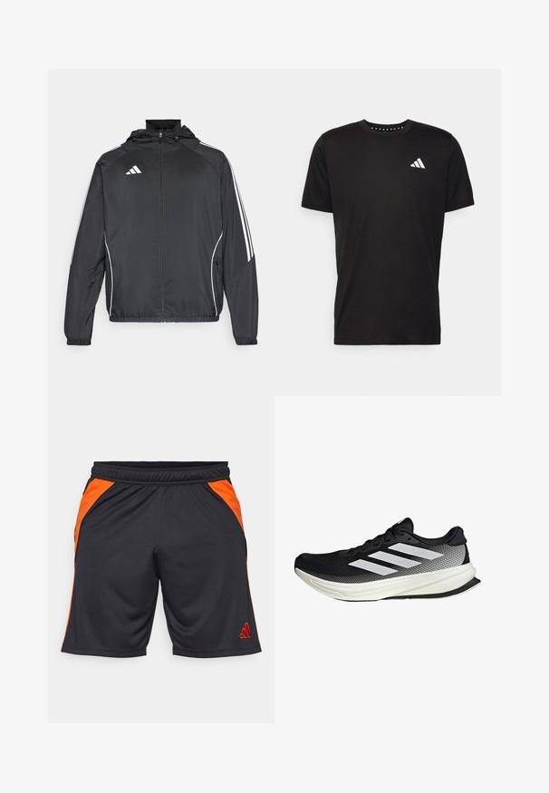 Čierna športová bunda s kapucňou, ktorá má biele pruhy pozdĺž rukávov a zips v prednej časti. Vyrobená z hladkej, ľahkej tkaniny.; Čierne bavlnené tričko s krátkymi rukávmi, klasickým výstrihom a bielym logom na ľavej strane hrude. Hladká textúra a jednoduchý dizajn.; Čierne športové šortky vyrobené z priedušného materiálu, s oranžovými bočnými panelmi a vyšívaným červeným logom na dolnej ľavej nohe.; Čierna atletická topánka s dizajnom z mriežky, s bielymi prúžkami, zaoblenou špičkou a textúrovanou podrážkou pre lepšiu priľnavosť a podporu.