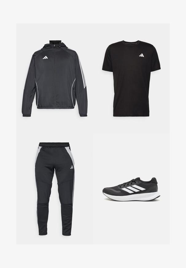 Schwarze Sportjacke mit Kapuze, ausgestattet mit weißen Streifen an den Ärmeln und einem Reißverschluss vorne. Hergestellt aus einem glatten, leichten Stoff.; Schwarzes Baumwoll-T-Shirt mit kurzen Ärmeln, Rundhalsausschnitt und einem weißen Logo auf der linken Brust. Glatte Textur und einfaches Design.; Schwarze Sporthose aus strukturiertem Stoff mit grauen Seiteneinsätzen, elastischem Bund und drei weißen Akzentstreifen an den Seiten.; Schwarzer Sportschuh mit atmungsaktivem Mesh-Obermaterial, weißen Akzenten und einer gepolsterten Sohle. Mit drei Streifen-Logo an der Seite.