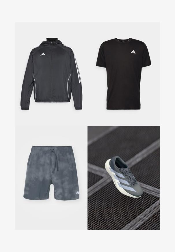 Must värvi sportlik jakk kapuutsiga, millel on valged triibud varrukatel ja lukuga esiosa. Valmistatud siledast, kergest kangast.; Must must ka t-särk lühikeste varrukatega, ümmarguse kaelusega ja valge logoga vasakul rinnal. Sile tekstuur ja lihtne disain.; Hallid hallid spordipingutused, millel on sidumisnöör, valmistatud tekstuuriga kangast, dotitud mustriga ühel küljel ja logo paremas alanurgas.; Hallide saapad hallis ja valges, valmistatud sünteetilisest materjalist, voolujoonelise disainiga, tekstuurse viimistlusega ja silmapaistva nöörimise süsteemiga.