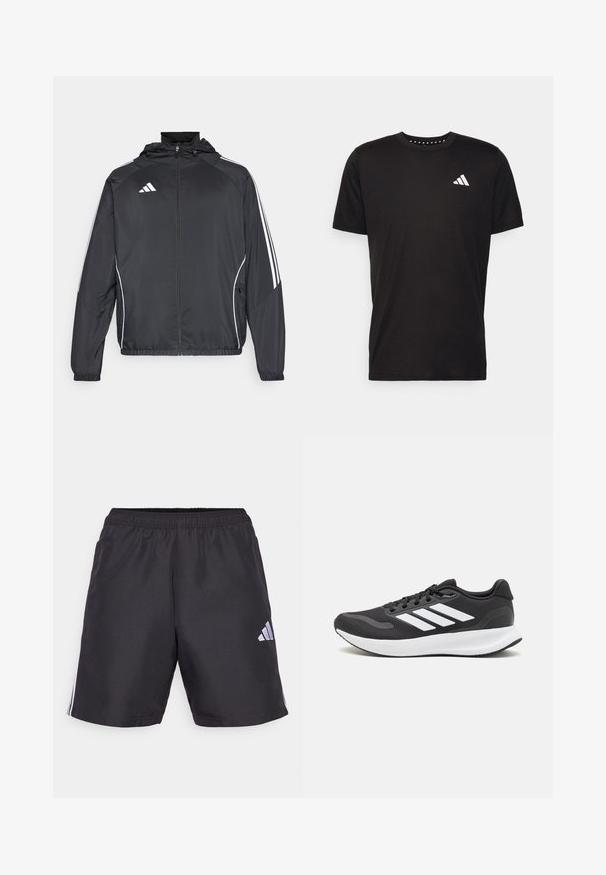 Chaqueta atlética negra con capucha, con rayas blancas a lo largo de las mangas y un cierre frontal con cremallera. Hecha de un tejido suave y ligero.; Camiseta de algodón negra con mangas cortas, cuello redondo y un logo blanco en el lado izquierdo del pecho. Textura suave y diseño sencillo.; Pantalones cortos deportivos negros con cinturilla elástica, que presentan tres rayas verticales blancas a cada lado y un pequeño logo blanco en la parte inferior izquierda.; Zapatilla deportiva negra con parte superior de malla transpirable, acentos en blanco y una suela acolchada. Presenta el logo de tres rayas en el costado.