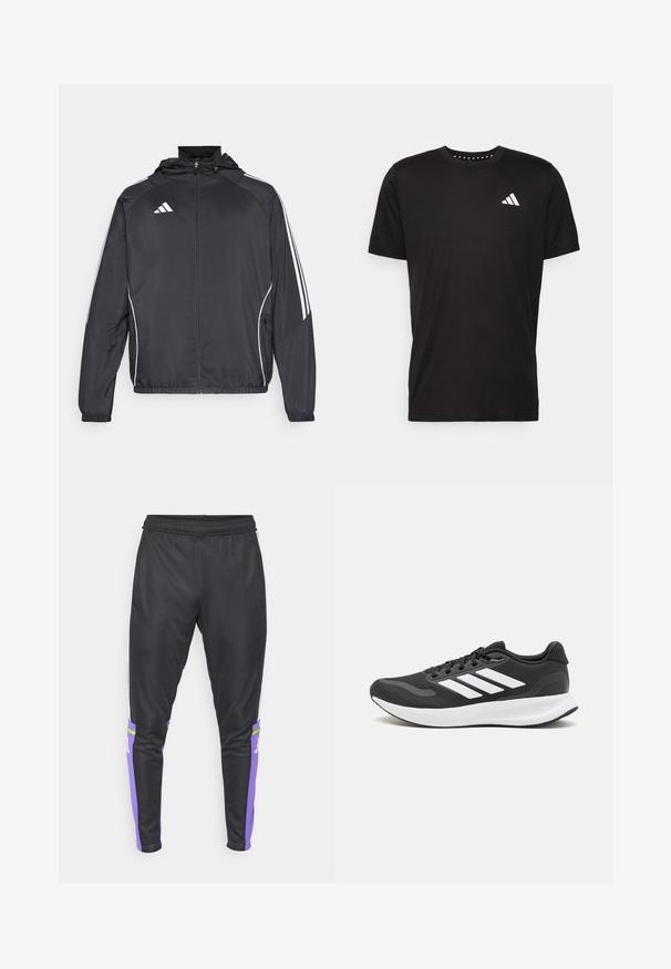 Jachetă sport neagră cu glugă, decorată cu dungi albe pe mâneci și cu fermoar în față. Fabricată dintr-un material neted și ușor.; Tricou negru din bumbac, cu mâneci scurte, de tip crew neckline, cu un logo alb pe pieptul stâng. Textură netedă și design simplu.; adidas Performance SQUADRA25 TRAINING PANT - Pantaloni de trening - black/purple rush; Pantof cu aspect sport de culoare neagră, cu un upper din plasă respirabilă, accente albe și o talpă amortizată. Include logo-ul cu trei dungi pe lateral.