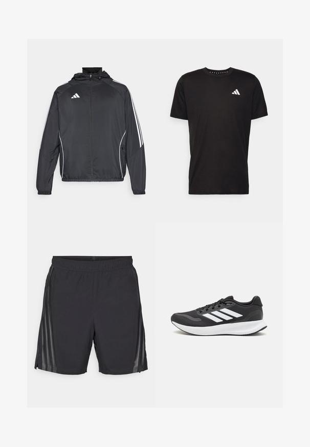 Casaco atlético preto com capuz, apresentando riscas brancas ao longo das mangas e um fecho éclair na frente. Fabricado em um tecido liso e leve.; T-shirt de algodão preto com mangas curtas, decote redondo e um logo branco no lado esquerdo do peito. Textura suave e design simples.; Calções atléticos pretos feitos de tecido leve, com cós elástico, aberturas laterais e painéis transparentes nas laterais.; Shoe de atletismo preto com parte superior em malha respirável, detalhes brancos e sola almofadada. Apresenta o logotipo das três riscas na lateral.