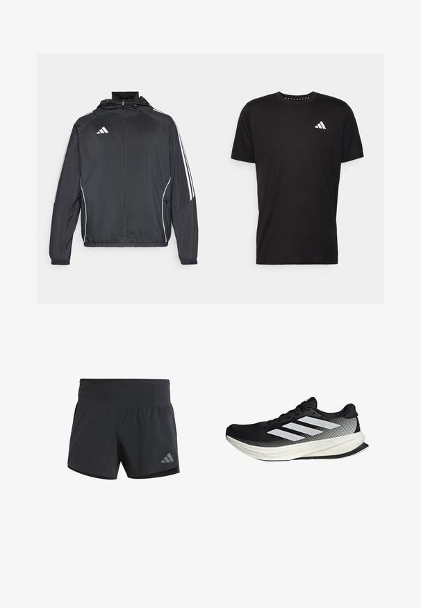 Zwarte sportjack met capuchon, voorzien van witte strepen langs de mouwen en een ritssluiting aan de voorkant. Gemaakt van een gladde, luchtige stof.; Zwarte katoenen t-shirt met korte mouwen, ronde hals en een wit logo op de linkerkant van de borst. Gladde textuur en eenvoudig ontwerp.; Zwarte sportshorts met een gestructureerde afwerking, elastische tailleband en reflecterende grijze logo aan de linksonderzijde.; Zwarte sportieve schoen met een mesh ontwerp, voorzien van witte strepen, een ronde neus en een gestructureerde zool voor grip en ondersteuning.