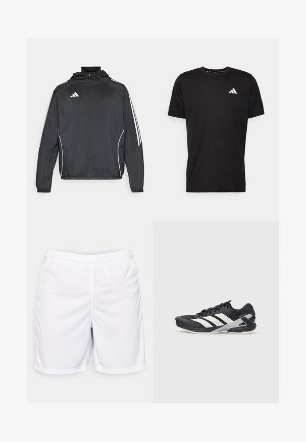Crna atletska jakna s kapuljačom, s bijelim prugama duž rukava i zatvaranjem na zip. Izrađena od glatkog, laganog materijala.; Crna pamučna majica s kratkim rukavima, okruglim izrezom i bijelim logotipom na lijevoj strani prsnog koša. Glatka tekstura i jednostavan dizajn.; Bijele atletske kratke hlače izrađene od lagane tkanine, s elastičnom strukom, ravnim šavovima i jednostavnim dizajnom bez dzepova.; Crne atletske cipele s bijelim prugama, mrežasta gornja strana, zaobljeni prst i podstavljeni đon. Imaju teksturiranu petu i siguran sustav vezivanja.