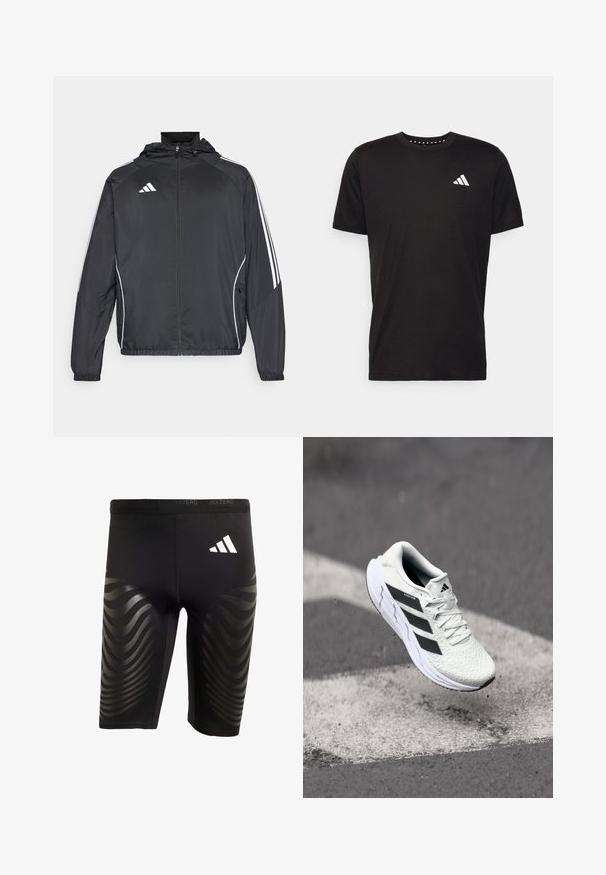 Crna atletska jakna s kapuljačom, s bijelim prugama duž rukava i zatvaranjem na zip. Izrađena od glatkog, laganog materijala.; Crna pamučna majica s kratkim rukavima, okruglim izrezom i bijelim logotipom na lijevoj strani prsnog koša. Glatka tekstura i jednostavan dizajn.; Crne atletske kratke hlače s rastezljivim krojem, s sjajnim valovitim uzorkom sa strane i bijelim logotipom na pojasu.; Bjela atletska cipela s mrežastim gornjim dijelom s teksturom, crnim prugama, vezanjem na vezice i podstavljenim potplatom, lebdi iznad označene ceste.
