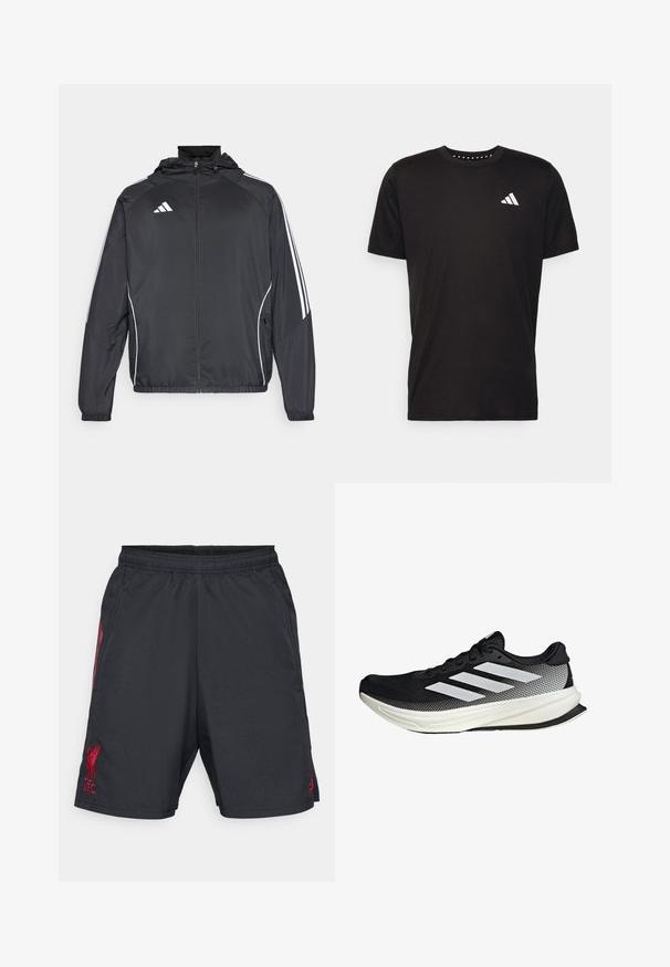 Crna atletska jakna s kapuljačom, s bijelim prugama duž rukava i zatvaranjem na zip. Izrađena od glatkog, laganog materijala.; Crna pamučna majica s kratkim rukavima, okruglim izrezom i bijelim logotipom na lijevoj strani prsnog koša. Glatka tekstura i jednostavan dizajn.; Crne sportske kratke hlače s elastičnom pojasom, ukrašene crvenim Loganom Liverpool FC i bočnim prugama. Lagani, glatki materijal, ravnog kroja.; Crna atletska cipela s mrežastim dizajnom, koja ima bijele pruge, zaobljeni vrh i teksturiranu potplate za prianjanje i potporu.