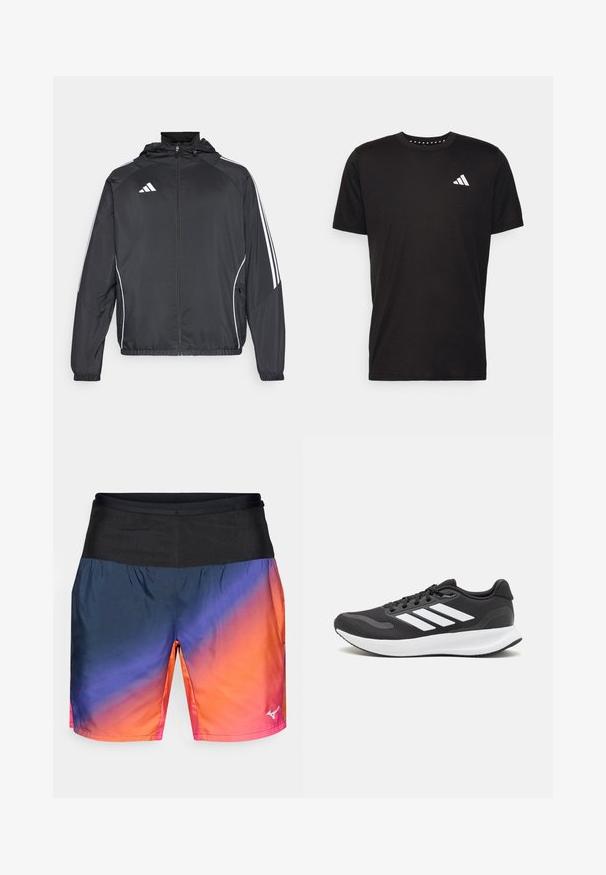 Črna športna jakna s kapuco, z belimi črtami ob rokavih in z zadrgo spredaj. Narejena iz gladkega, lahkega materiala.; Črna bombažna majica s kratkimi rokavi, okroglim izrezom in belim logotipom na levem prsnem predelu. Gladka tekstura in preprost dizajn.; Moške športne kratke hlače z gradientnim dizajnom od mornarsko modre do oranžne barve, z črnim pasom in gladkim, lahkim materialom.; Črne športne čevlje z zračnim mrežastim zgornjim delom, belimi akcenti in oblazinjeno podplatom. Imajo tri črte logo na strani.