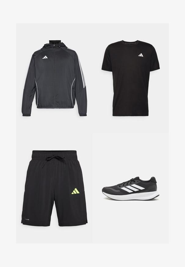 Svart sportsjakke med hette, med hvite striper langs ermene og glidelås foran. Laget av et glatt, lett stoff.; Svart bomulls t-skjorte med korte ermer, rund hals og en hvit logo på venstre bryst. Glatt tekstur og enkelt design.; Sorte atletiske shorts laget av lett stoff, med drakksnor i livet og en neon gul Adidas-logo nederst til høyre.; Svarte sportsko med pustende mesh-overdel, hvite detaljer og en polstret såle. Har tre striper-logo på siden.