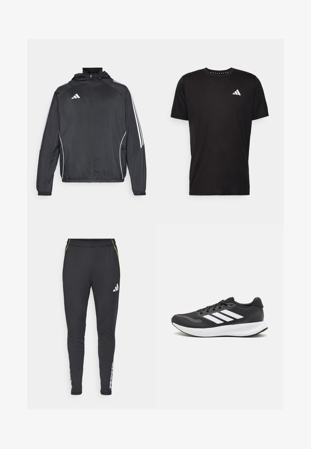 Jachetă sport neagră cu glugă, decorată cu dungi albe pe mâneci și cu fermoar în față. Fabricată dintr-un material neted și ușor.; Tricou negru din bumbac, cu mâneci scurte, de tip crew neckline, cu un logo alb pe pieptul stâng. Textură netedă și design simplu.; Pantaloni de sport negri cu o croială slim, cu un logo alb, accente verzi și dungi albe pe părțile laterale ale picioarelor. Textură de țesătură moale.; Pantof cu aspect sport de culoare neagră, cu un upper din plasă respirabilă, accente albe și o talpă amortizată. Include logo-ul cu trei dungi pe lateral.