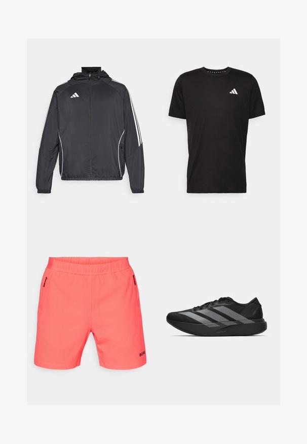 Črna športna jakna s kapuco, z belimi črtami ob rokavih in z zadrgo spredaj. Narejena iz gladkega, lahkega materiala.; Črna bombažna majica s kratkimi rokavi, okroglim izrezom in belim logotipom na levem prsnem predelu. Gladka tekstura in preprost dizajn.; Korallni športni šortiji z elastičnim pasom, dvema stranskima žepoma z zadrgo, teksturirano blago in črnimi "BORG" logotipom na robu.; Crne atletske čevlje z lahkotno zasnovo, ki imajo tri izrazite sive črte, gladko teksturo in oblikovano podplat.