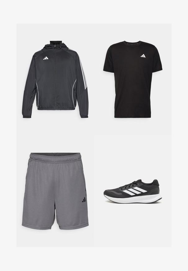 Černá sportovní bunda s kapucí, s bílými pruhy podél rukávů a s předním zipem. Vyrobena z hladkého, lehkého materiálu.; Černé bavlněné tričko s krátkým rukávem, kulatým výstřihem a bílým logem na levé hrudi. Hladká textura a jednoduchý design.; Šedé sportovní šortky s elastickým pasem, dvěma bočními kapsami a nenápadným černým logem na dolním levém okraji. Hladká, lehká tkanina.; Černá sportovní obuv s prodyšným síťovaným svrškem, bílými akcenty a polstrovanou podrážkou. Na boku se nachází logo se třemi pruhy.