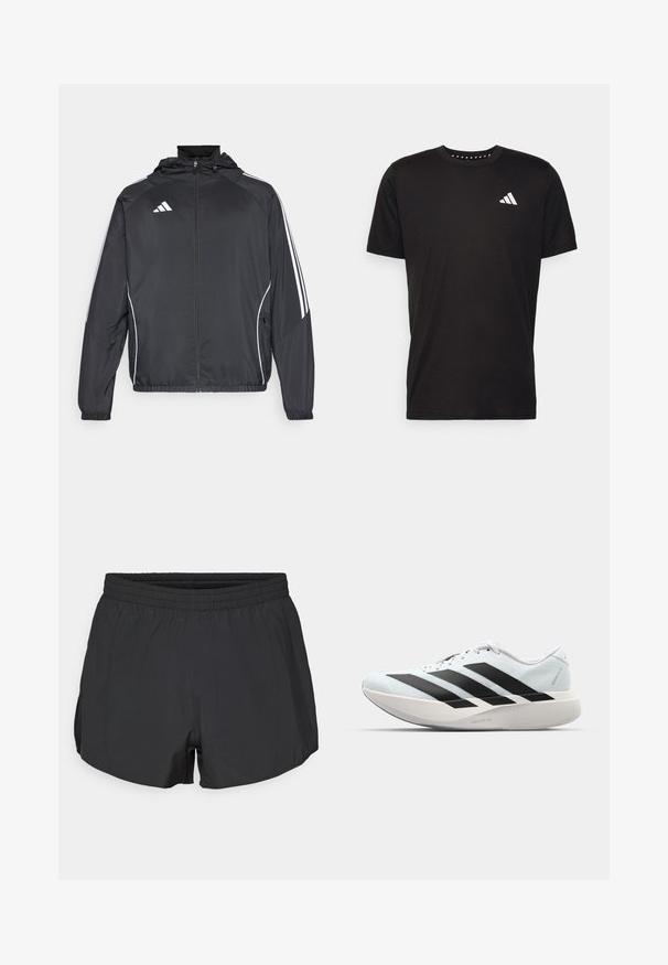 Must värvi sportlik jakk kapuutsiga, millel on valged triibud varrukatel ja lukuga esiosa. Valmistatud siledast, kergest kangast.; Must must ka t-särk lühikeste varrukatega, ümmarguse kaelusega ja valge logoga vasakul rinnal. Sile tekstuur ja lihtne disain.; Mustad mustad lühikesed püksid, millel on elastne vöökoht, valmistatud kerge materjaliga. Omab lõdva sobivust ja kergelt kaardus äärt, külgõmblustega.; Kerged jooksujalatsid helesinises värvuses mustade triipudega. Omavad siledat pealispinda, ümarat varvase osa ja paksu valget vahemõõtu, millel on silt "LIGHTSTRIKE PRO".