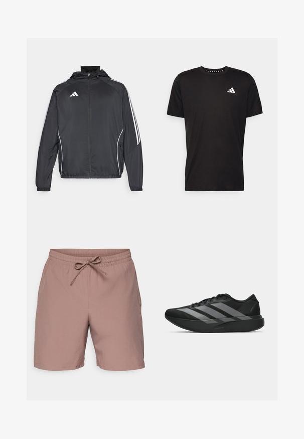 Zwarte sportjack met capuchon, voorzien van witte strepen langs de mouwen en een ritssluiting aan de voorkant. Gemaakt van een gladde, luchtige stof.; Zwarte katoenen t-shirt met korte mouwen, ronde hals en een wit logo op de linkerkant van de borst. Gladde textuur en eenvoudig ontwerp.; Lichtroze shorts van gladde stof, met een elastische tailleband met een trekkoord, zijzakken en een relaxte pasvorm.; Zwarte sportieve schoenen met een lichtgewicht ontwerp, voorzien van drie opvallende grijze strepen, een gladde textuur en een gevormde zool.