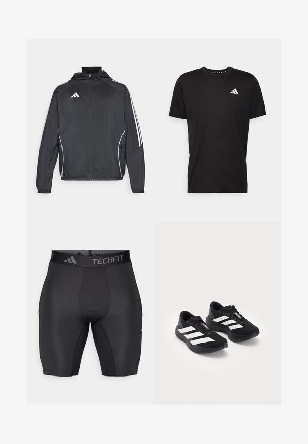 Zwarte sportjack met capuchon, voorzien van witte strepen langs de mouwen en een ritssluiting aan de voorkant. Gemaakt van een gladde, luchtige stof.; Zwarte katoenen t-shirt met korte mouwen, ronde hals en een wit logo op de linkerkant van de borst. Gladde textuur en eenvoudig ontwerp.; Zwarte sportshorts gemaakt van gladde, rekbare stof. Bevat een brede, gebrandmerkte tailleband en platte naden voor comfort en duurzaamheid.; Een paar zwarte Adidas Adizero hardloopschoenen met witte strepen en veters op een witte achtergrond, zij aan zij gepositioneerd.