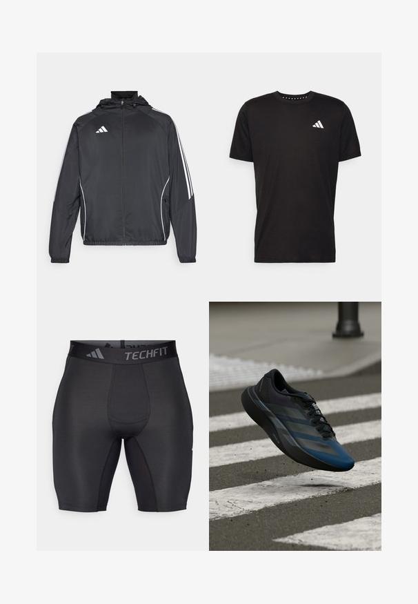 Veste de sport noire avec capuche, présentant des bandes blanches le long des manches et un devant zippé. Fabriquée en tissu léger et lisse.; T-shirt en coton noir à manches courtes, décolleté rond et logo blanc sur la poitrine gauche. Texture lisse et design simple.; Shorts de sport noirs en tissu lisse et extensible. Dotés d'une taille large avec logo et de coutures plates pour le confort et la durabilité.; Chaussure de sport noire et bleue au design épuré, avec une tige texturée, des bandes contrastées et une semelle amortie, flottant au-dessus du trottoir.