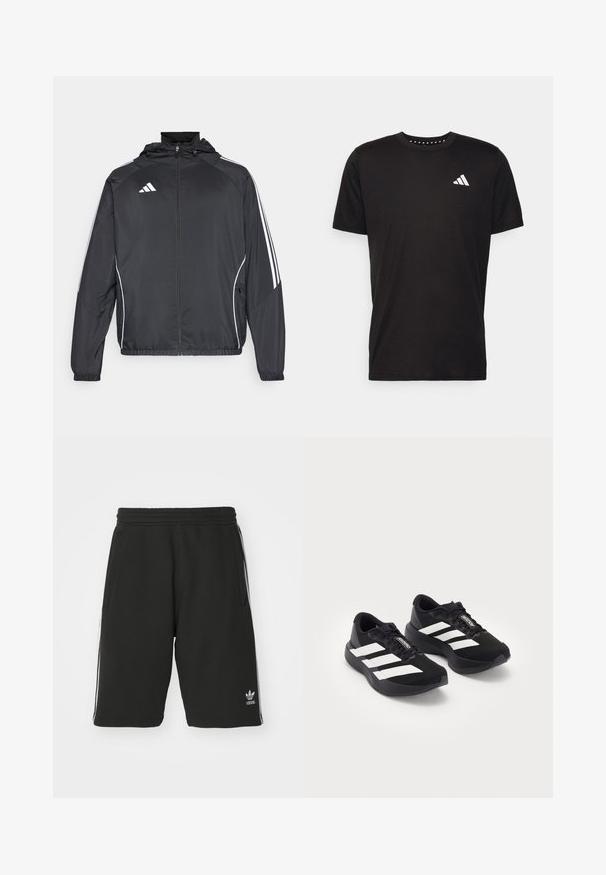 Melnā sporta jaka ar kapuci, ar baltām svītrām pa piedurknēm un ar rāvējslēdzēju priekšpusē. Izgatavota no gludas, vieglas auduma.; Melna kokvilnas t-krekls ar īsām piedurknēm, apaļu dekoltē un balto logo uz kreisā krūts. Gluda tekstūra un vienkāršs dizains.; Melni šorti, izgatavoti no kokvilnas maisījuma, ar elastīgu jostu, tiem ir baltas sānu svītras un neliels logotips apakšējā kreisajā pusē.; Melna Adidas Adizero skriešanas apavu pāris ar baltām svītrām un auklām uz baltā fona, izvietoti blakus.