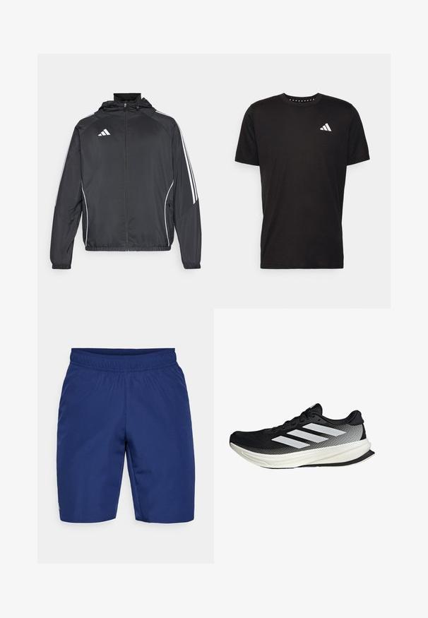 Černá sportovní bunda s kapucí, s bílými pruhy podél rukávů a s předním zipem. Vyrobena z hladkého, lehkého materiálu.; Černé bavlněné tričko s krátkým rukávem, kulatým výstřihem a bílým logem na levé hrudi. Hladká textura a jednoduchý design.; Námořnické modré sportovní šortky vyrobené z texturované látky, s elastickým pasem a malým logem na boku.; Černá sportovní boty s síťovaným designem, s bílými pruhy, zaoblenou špičkou a texturovanou podrážkou pro lepší přilnavost a oporu.