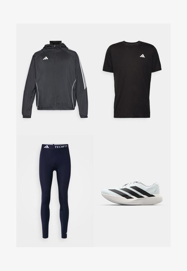 Veste de sport noire avec capuche, présentant des bandes blanches le long des manches et un devant zippé. Fabriquée en tissu léger et lisse.; T-shirt en coton noir à manches courtes, décolleté rond et logo blanc sur la poitrine gauche. Texture lisse et design simple.; Leggings de sport Techfit en bleu marine, fabriqués en tissu extensible. Dotés d'une taille large avec logo, d'une texture lisse et d'un design ajusté.; Baskets de course légères en bleu pâle avec des rayures noires. Elles présentent un dessus lisse, un embout rond et une semelle intermédiaire blanche épaisse étiquetée "LIGHTSTRIKE PRO".
