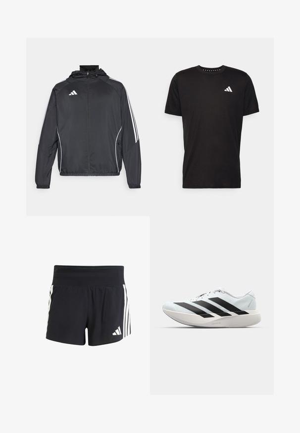 Jachetă sport neagră cu glugă, decorată cu dungi albe pe mâneci și cu fermoar în față. Fabricată dintr-un material neted și ușor.; Tricou negru din bumbac, cu mâneci scurte, de tip crew neckline, cu un logo alb pe pieptul stâng. Textură netedă și design simplu.; Pantaloni scurți atletici negri, dintr-un material texturat, cu un talie lată și trei benzi verticale albe pe laterale. Logo-ul adidas pe tiv.; Pantofi de alergare ușori în albastru deschis cu dungi negre. Au un superior neted, vârf rotund și o intermediară groasă albă etichetată "LIGHTSTRIKE PRO."
