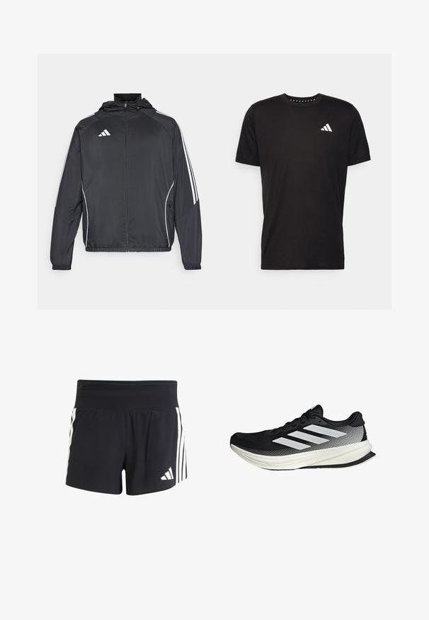 Sort atletisk jakke med hætte, med hvide striber langs ærmerne og lynlås foran. Lavet af et glat, let materiale.; Sort bomulds T-shirt med korte ærmer, rund hals og et hvidt logo på venstre bryst. Glat tekstur og enkelt design.; Sorte atletiske shorts med et tekstureret stof, der har en bred elastisk talje og tre lodrette hvide striber på siderne. adidas-logo på kanten.; Sort atletisk sko med mesh-design, der har hvide striber, en rund tå og en tekstureret sål for greb og støtte.