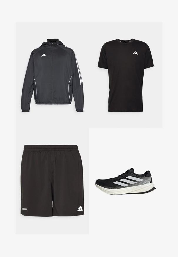 Black athletic jacket with a hood, featuring white stripes along the sleeves and a zippered front. Made from a smooth, lightweight fabric.; Black cotton t-shirt with short sleeves, crew neckline, and a white logo on the left chest. Smooth texture and simple design.; Black athletic shorts with elastic waistband, Adidas logo on right leg, and "Run" label on left leg.; Black athletic shoe with a mesh design, featuring white stripes, a rounded toe, and a textured sole for grip and support.