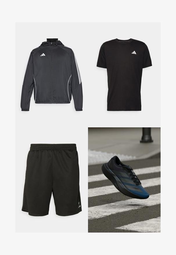 Chaqueta atlética negra con capucha, con rayas blancas a lo largo de las mangas y un cierre frontal con cremallera. Hecha de un tejido suave y ligero.; Camiseta de algodón negra con mangas cortas, cuello redondo y un logo blanco en el lado izquierdo del pecho. Textura suave y diseño sencillo.; Pantalones cortos deportivos negros con una cintura elástica, textura suave, corte a la altura de la rodilla y un pequeño logotipo en la parte inferior derecha.; Zapato deportivo negro y azul con un diseño aerodinámico, que presenta una parte superior texturizada, franjas contrastantes y una suela acolchada, flotando sobre el pavimento.