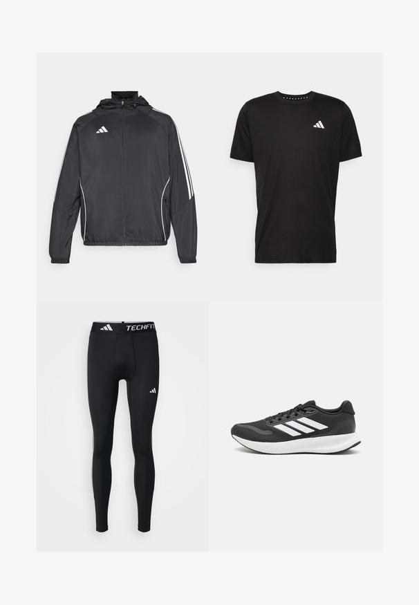 Zwarte sportjack met capuchon, voorzien van witte strepen langs de mouwen en een ritssluiting aan de voorkant. Gemaakt van een gladde, luchtige stof.; Zwarte katoenen t-shirt met korte mouwen, ronde hals en een wit logo op de linkerkant van de borst. Gladde textuur en eenvoudig ontwerp.; Zwarte sporttights, aansluitend ontwerp, gemaakt van glad, rekbaar materiaal. Voorzien van een tailleband met "TECHFIT" en witte logo-accenten.; Zwart sportief schoen met ademend mesh bovenwerk, witte accenten en een gevoerde zool. Beschikt over een logo met drie strepen aan de zijkant.