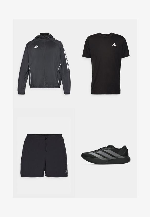 Casaco atlético preto com capuz, apresentando riscas brancas ao longo das mangas e um fecho éclair na frente. Fabricado em um tecido liso e leve.; T-shirt de algodão preto com mangas curtas, decote redondo e um logo branco no lado esquerdo do peito. Textura suave e design simples.; Bermudas atléticas pretas feitas de tecido leve. Apresentam uma cintura elástica com cordão, bolsos laterais e um pequeno logótipo em destaque.; Sapatilhas desportivas pretas com um design leve, apresentando três faixas cinzas proeminentes, uma textura suave e uma sola contornada.