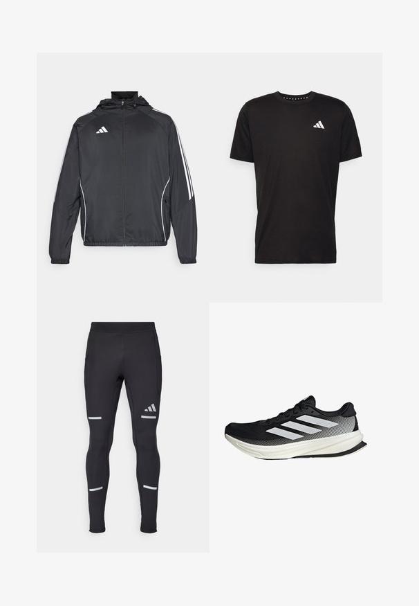 Giacca atletica nera con cappuccio, caratterizzata da strisce bianche lungo le maniche e chiusura con zip frontale. Realizzata in un tessuto liscio e leggero.; T-shirt in cotone nero con maniche corte, scollo rotondo e logo bianco sul lato sinistro del petto. Texture liscia e design semplice.; Leggings sportivi neri con un design aderente, realizzati in materiale elasticizzato. Presentano dettagli riflettenti e polsini con zip per maggiore funzionalità.; Scarpa sportiva nera con design in rete, caratterizzata da strisce bianche, punta arrotondata e suola testurizzata per aderenza e supporto.