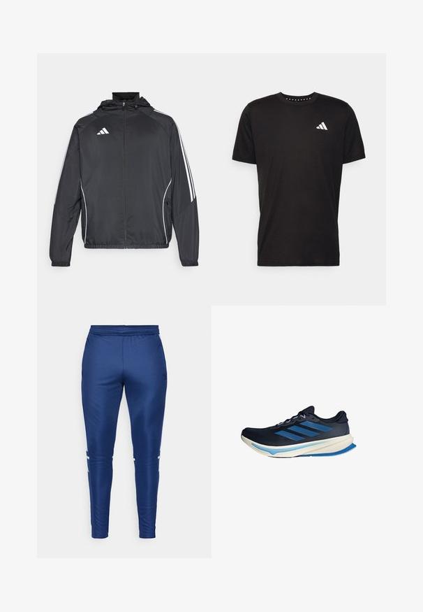 Zwarte sportjack met capuchon, voorzien van witte strepen langs de mouwen en een ritssluiting aan de voorkant. Gemaakt van een gladde, luchtige stof.; Zwarte katoenen t-shirt met korte mouwen, ronde hals en een wit logo op de linkerkant van de borst. Gladde textuur en eenvoudig ontwerp.; Marineblauwe sportbroek met een gladde, slanke textuur, voorzien van witte zijstrepen, een elastische tailleband en een taps toelopend ontwerp.; Marine hardloopschoen met ademend mesh bovenwerk, drie blauwe strepen en een gevoerde zool met een witte tussenzool en blauwe accenten.