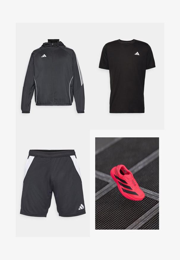 Black athletic jacket with a hood, featuring white stripes along the sleeves and a zippered front. Made from a smooth, lightweight fabric.; Black cotton t-shirt with short sleeves, crew neckline, and a white logo on the left chest. Smooth texture and simple design.; Black athletic shorts made of lightweight fabric with white side panels and an Adidas logo on the lower right. Elastic waistband included.; Bright pink running shoe with black stripes, made of lightweight mesh material, featuring a textured sole and lace-up design.