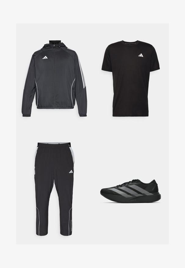 Čierna športová bunda s kapucňou, ktorá má biele pruhy pozdĺž rukávov a zips v prednej časti. Vyrobená z hladkej, ľahkej tkaniny.; Čierne bavlnené tričko s krátkymi rukávmi, klasickým výstrihom a bielym logom na ľavej strane hrude. Hladká textúra a jednoduchý dizajn.; Čierne športové nohavice s elastickým pásom, sivými bočnými akcentmi, bielym reflexným detailovaním a textom "Climacool" po dolnej časti nohy.; Čierne športové topánky s ľahkým dizajnom, obsahujúce tri výrazné šedé pruhy, hladkú textúru a kontúrovanú podrážku.