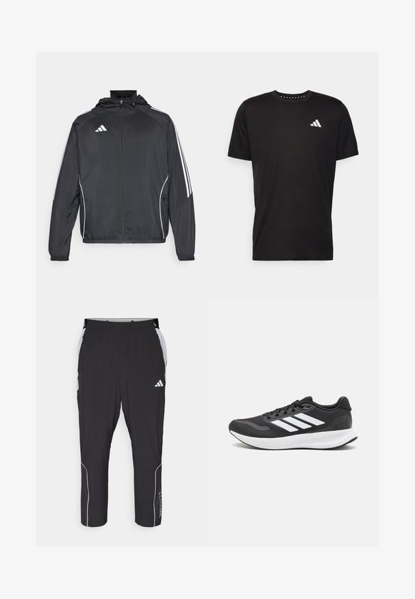 Jachetă sport neagră cu glugă, decorată cu dungi albe pe mâneci și cu fermoar în față. Fabricată dintr-un material neted și ușor.; Tricou negru din bumbac, cu mâneci scurte, de tip crew neckline, cu un logo alb pe pieptul stâng. Textură netedă și design simplu.; Pantaloni atletici negri cu un brâu elastic, accente laterale gri, detalii reflective albe și text "Climacool" pe partea inferioară a piciorului.; Pantof cu aspect sport de culoare neagră, cu un upper din plasă respirabilă, accente albe și o talpă amortizată. Include logo-ul cu trei dungi pe lateral.