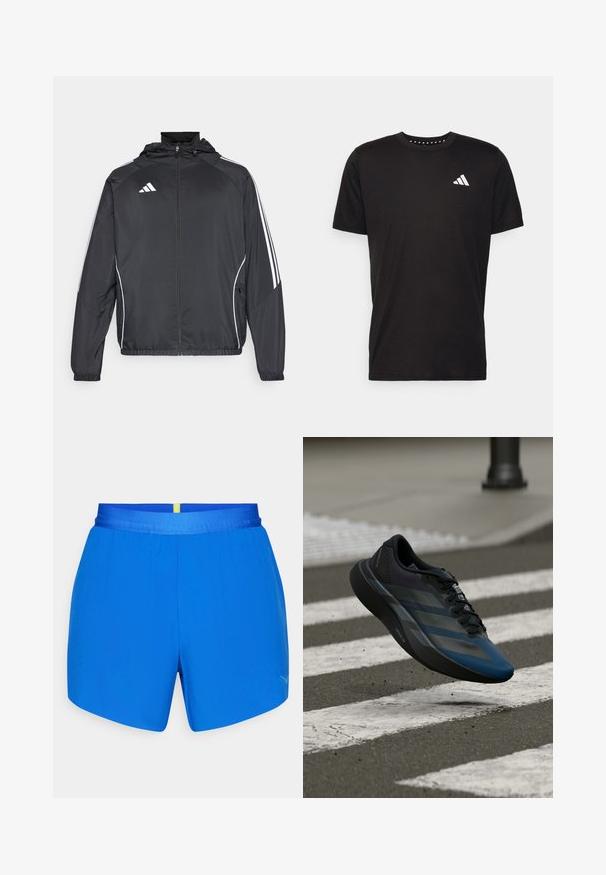 Črna športna jakna s kapuco, z belimi črtami ob rokavih in z zadrgo spredaj. Narejena iz gladkega, lahkega materiala.; Črna bombažna majica s kratkimi rokavi, okroglim izrezom in belim logotipom na levem prsnem predelu. Gladka tekstura in preprost dizajn.; Modre atletske kratke hlače z elastičnim pasom, ki imajo rumen detajl na hrbtni strani in diskreten logotip na spodnjem desnem sprednjem delu.; Črno in modro atletsko čevlje z aerodinamičnim dizajnom, teksturirano zgornjo plastjo, kontrastnimi črtami ter oblazinjeno podplatom, ki lebdi nad asfaltom.